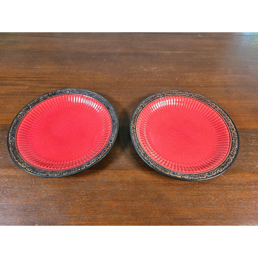 Roscher Dinner Plates Tara Collection Red Black Stoneware Set of 2 Scroll Rim